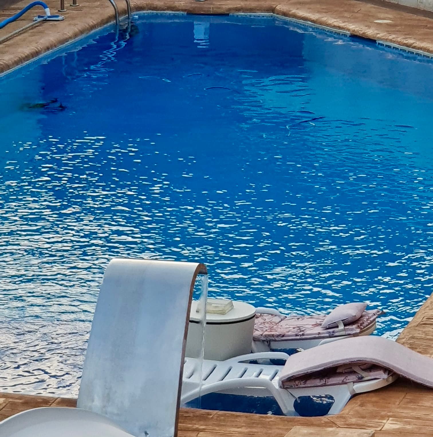 Resultado final de reforma exterior con piscina terminada en parcela residencial